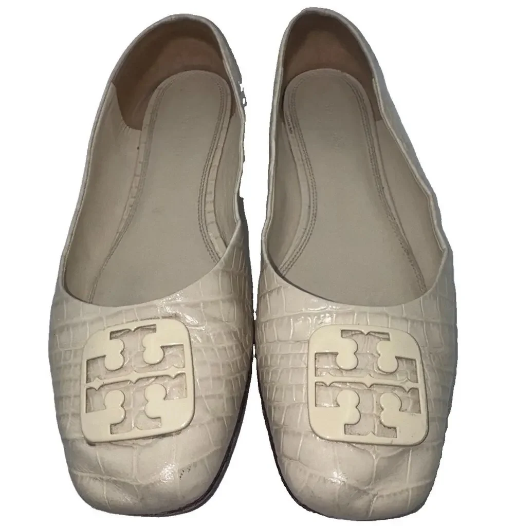 Tory Burch Georgia Ballet Flats Ivory Croc Embossed Logo Womens 10.5M